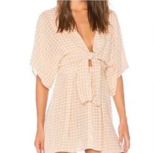 Faithfull the brand gingham play suit mini dress in peach/beige check.